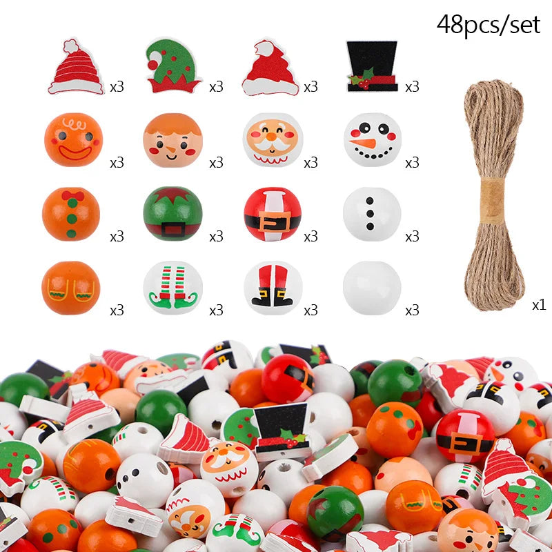 48/80 Stück Weihnachts-Holzperlen-Set mit Santa, Lebkuchenmann und mehr