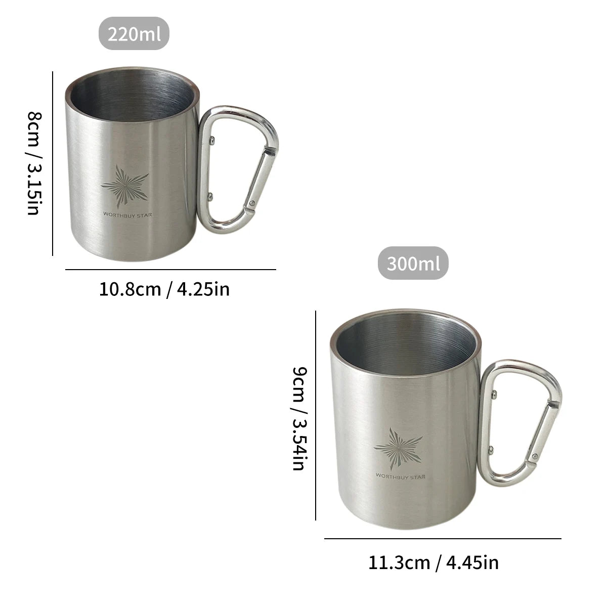 Camping Edelstahl Trinkbecher 220/300ml mit Karabinergriff für Outdoor
