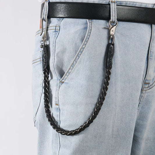 Robuster Punk Stil Leder Schlüsselanhänger mit Metallkette