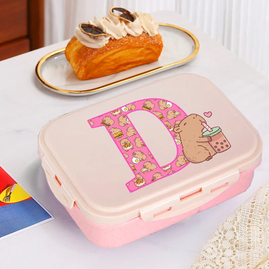 Niedliche Capybara Lunchbox mit A-Z Buchstaben, Single Layer Bento Box