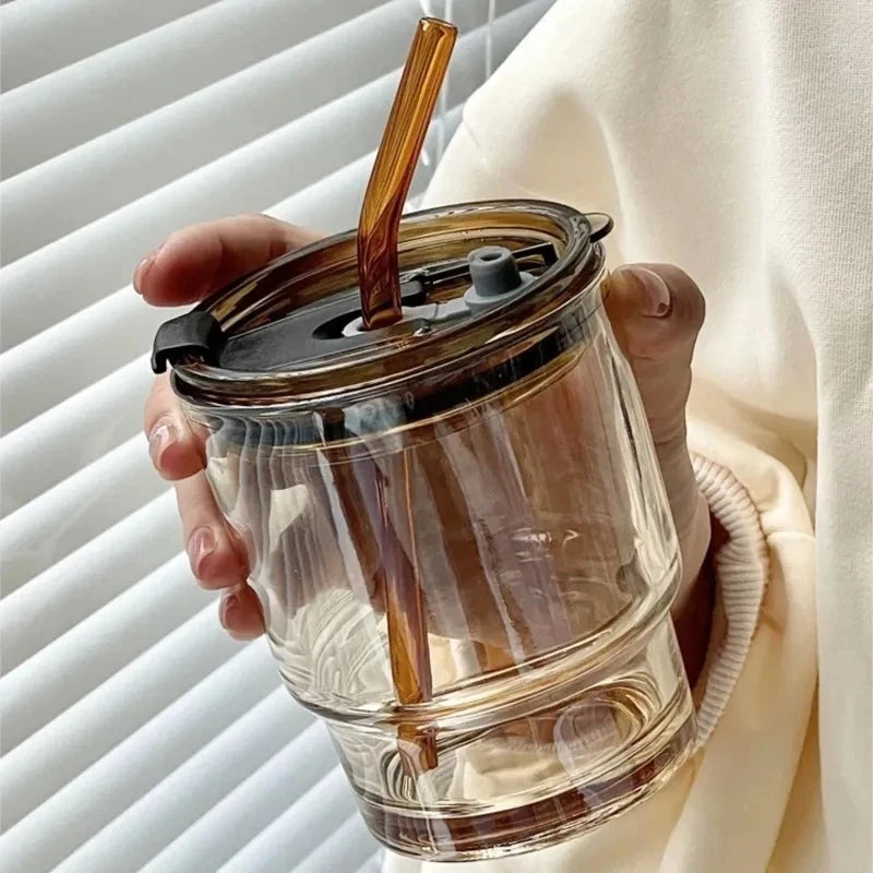 Transparente 400/450ml Glas-Kaffeetasse mit Deckel & Stroh – Auslaufsicher & Stilvoll
