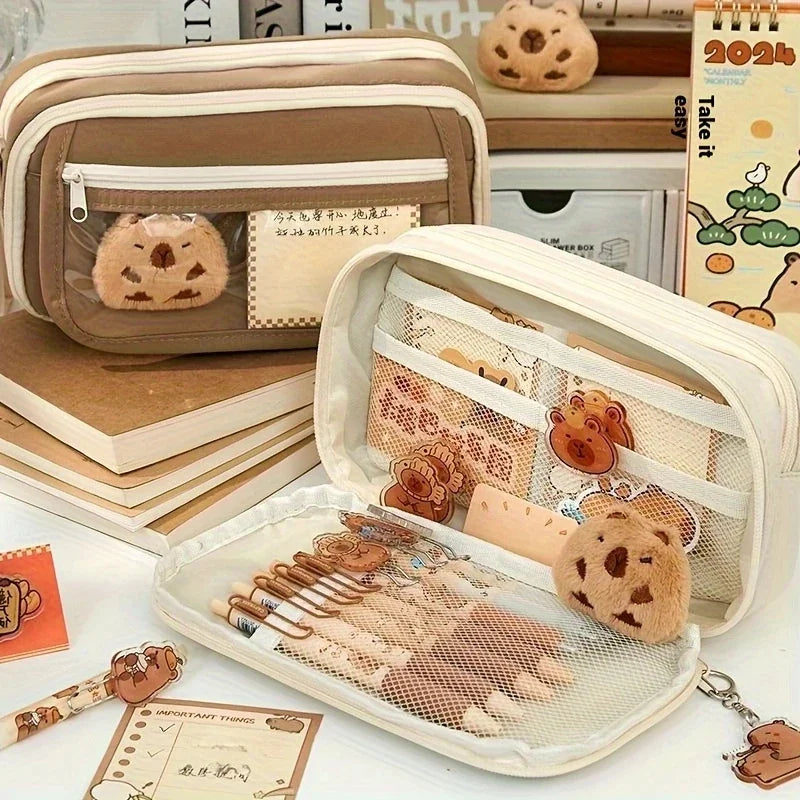 7-teiliges mehrlagiges Federmäppchen-Set mit süßem Capybara-Motiv für Schule