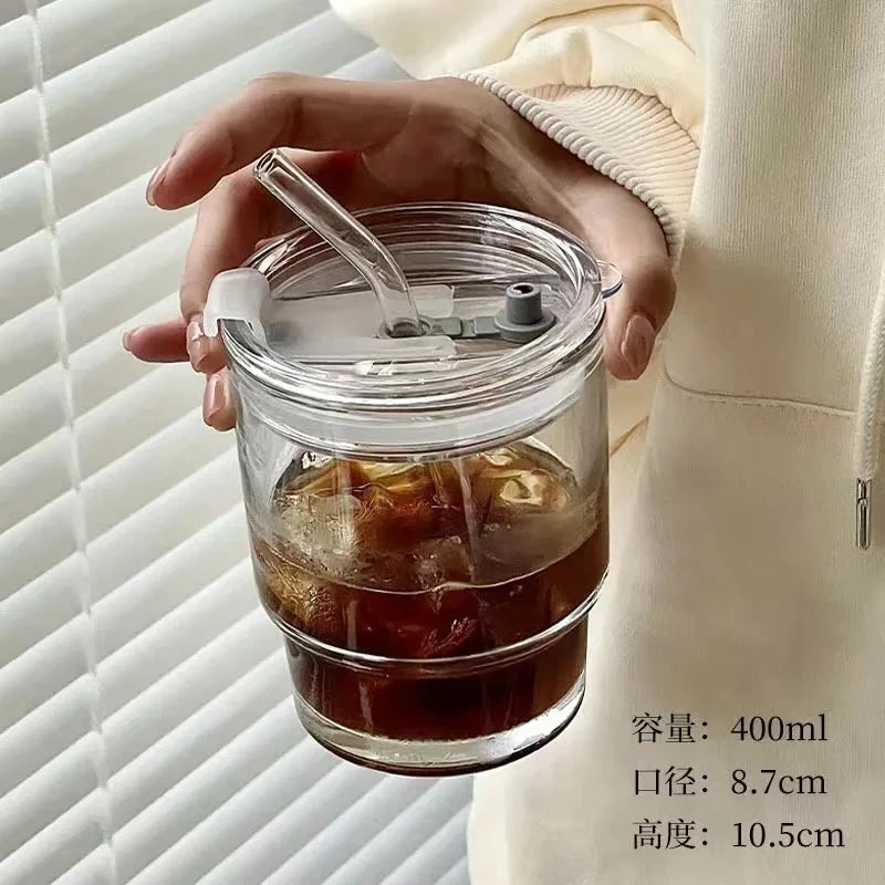 Transparente 400/450ml Glas-Kaffeetasse mit Deckel & Stroh – Auslaufsicher & Stilvoll