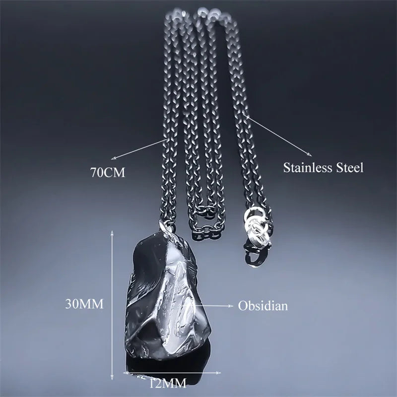 Schwarzer Obsidian Naturstein Halskette Boho Edelstahl Kastenkette 70cm