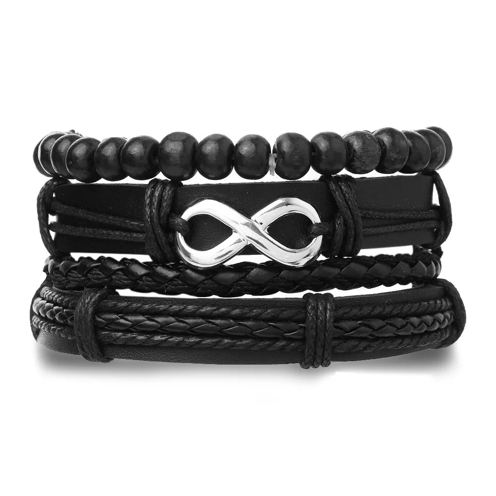 4-teiliges Herren-Lederarmband-Set mit Vintage Lebensbaum - Holzperlen