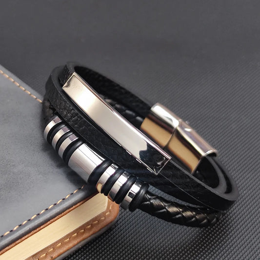 Multilayer Herren Armband aus Edelstahl und Leder mit Perlen Design