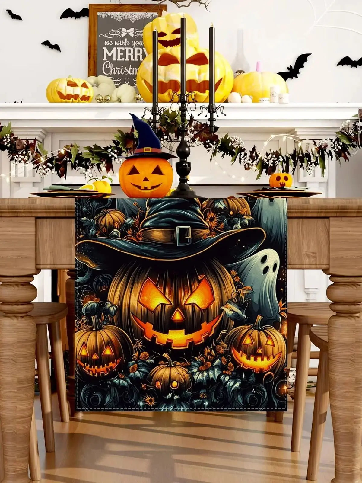 Schwarze Halloween Tischflagge mit Kürbisgespenst für saisonale Dekoration