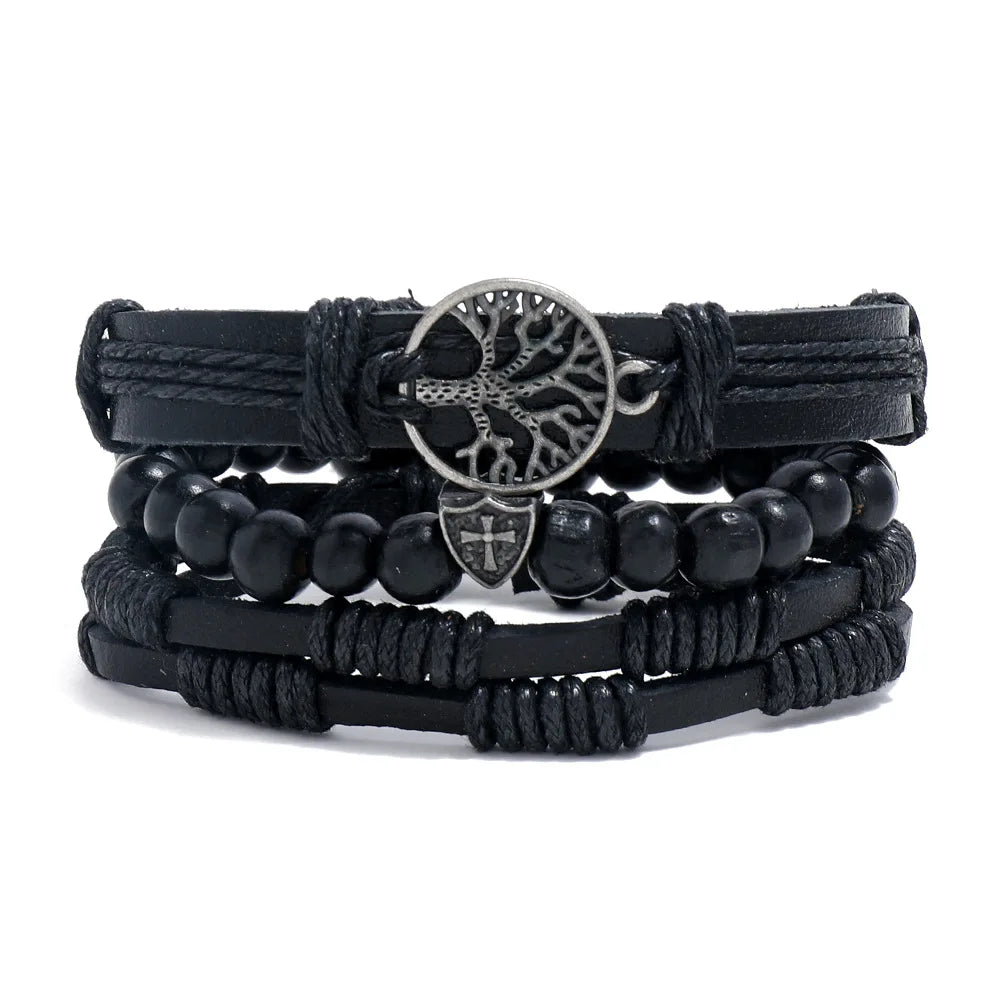 4-teiliges Herren-Lederarmband-Set mit Vintage Lebensbaum - Holzperlen