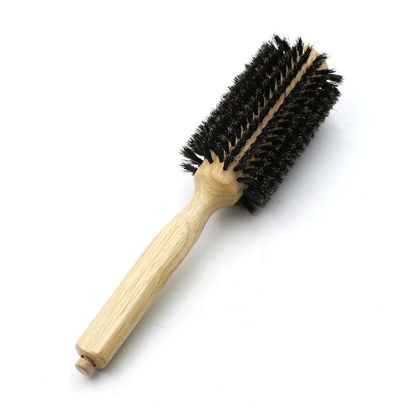 Runde Haarbürste mit Holzgriff und Wildschweinborsten für professionelles Styling