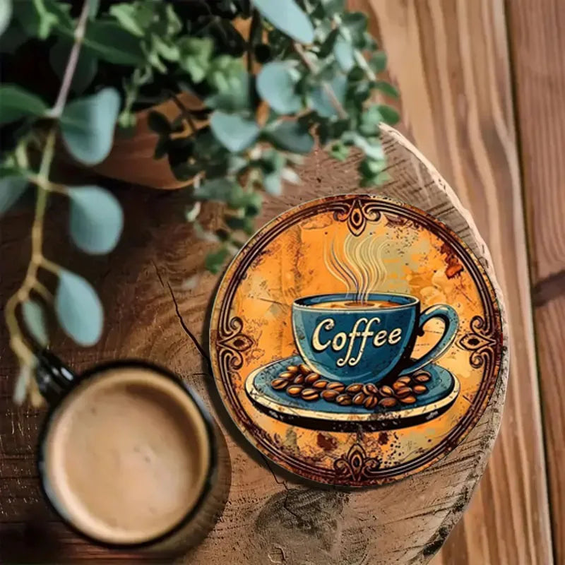 6er Set runde Holzuntersetzer mit Kaffeetassenmuster für Tischschutz