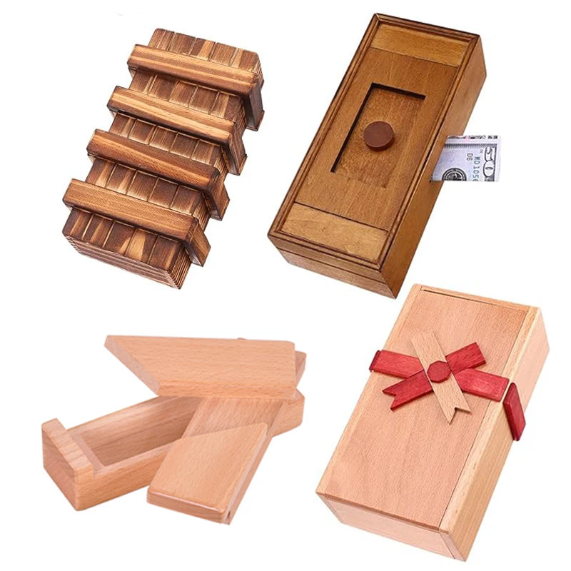 Klassische hölzerne Puzzlebox mit geheimem Fach für Gehirntraining