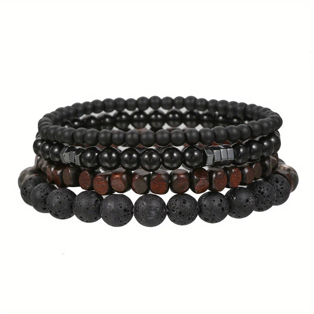 Vulkangestein Armband Set mit Holzperlen elastisch für Damen Herren