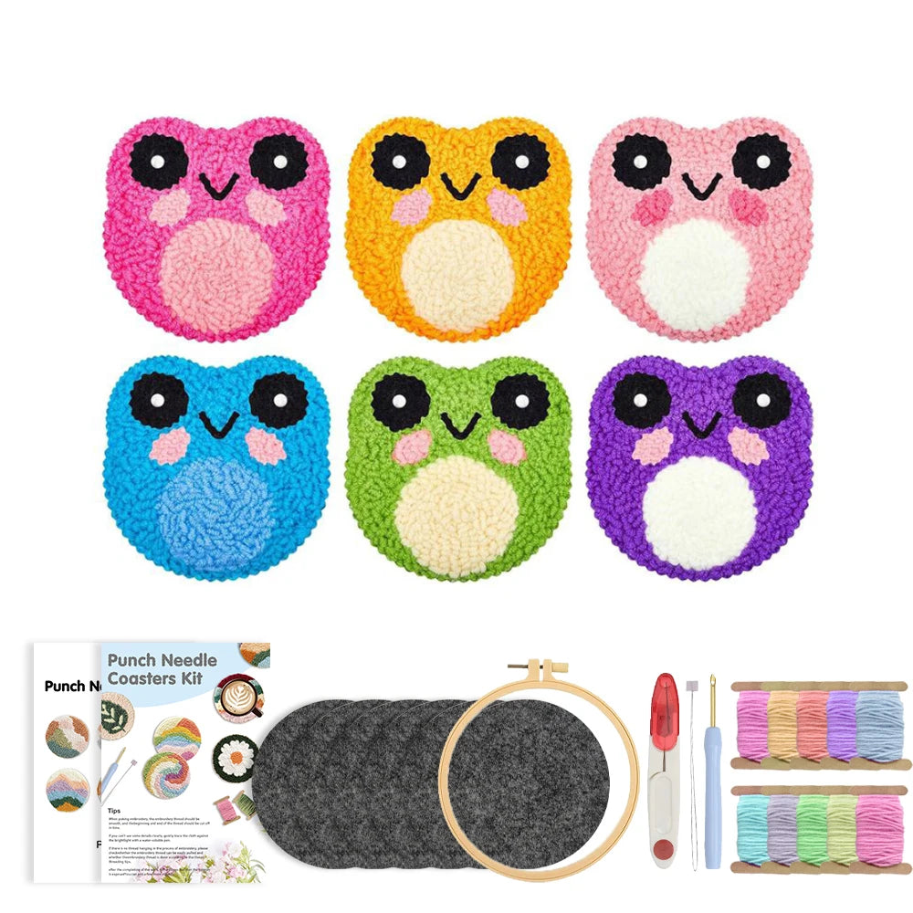 6-teiliges DIY Frosch Stanz-Nadel-Untersetzer-Set mit Filzgarnen