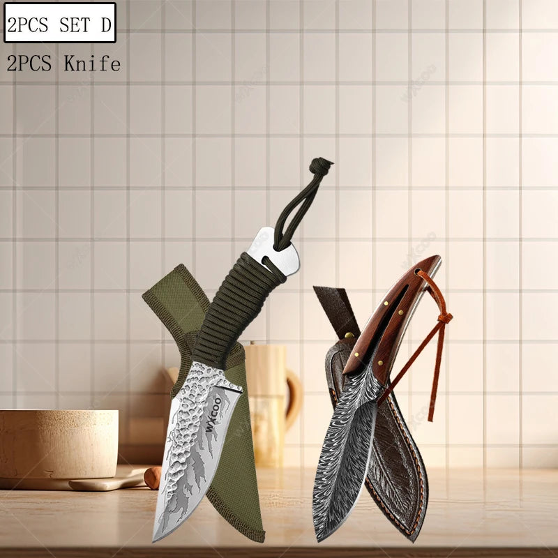 Handgefertigtes Küchenmesser aus Edelstahl mit Holzgriff und magnetischem Messerblock
