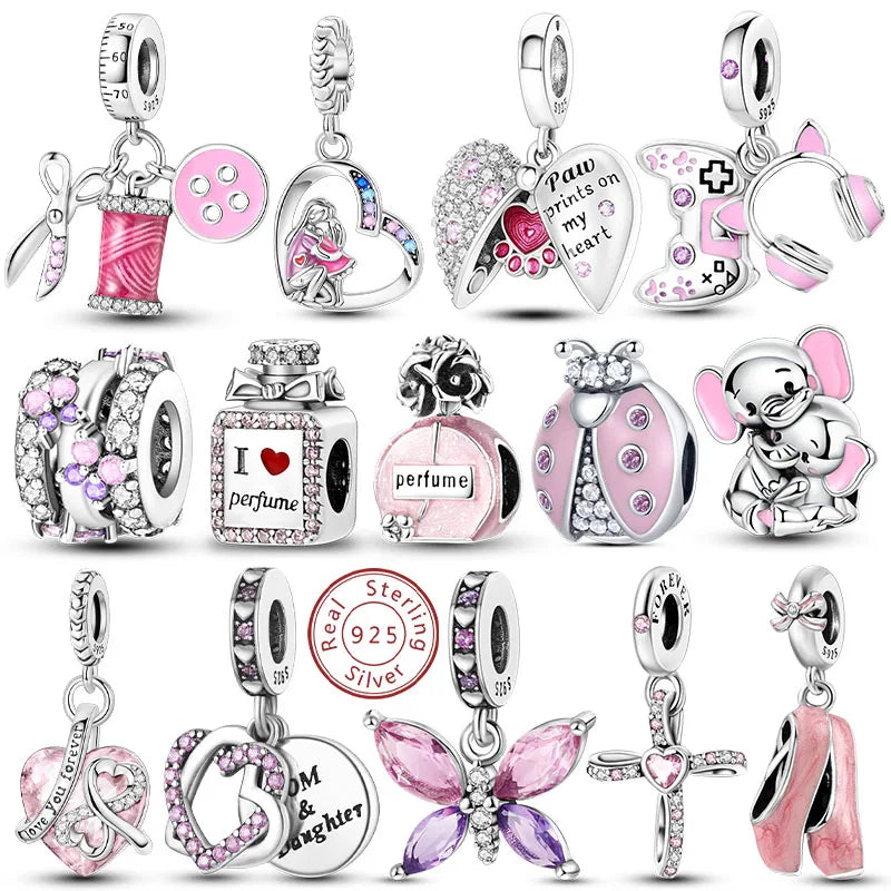 Romantische rosa 925 Silber Charms mit Zirkon – Herz - Parfüm Flasche Set