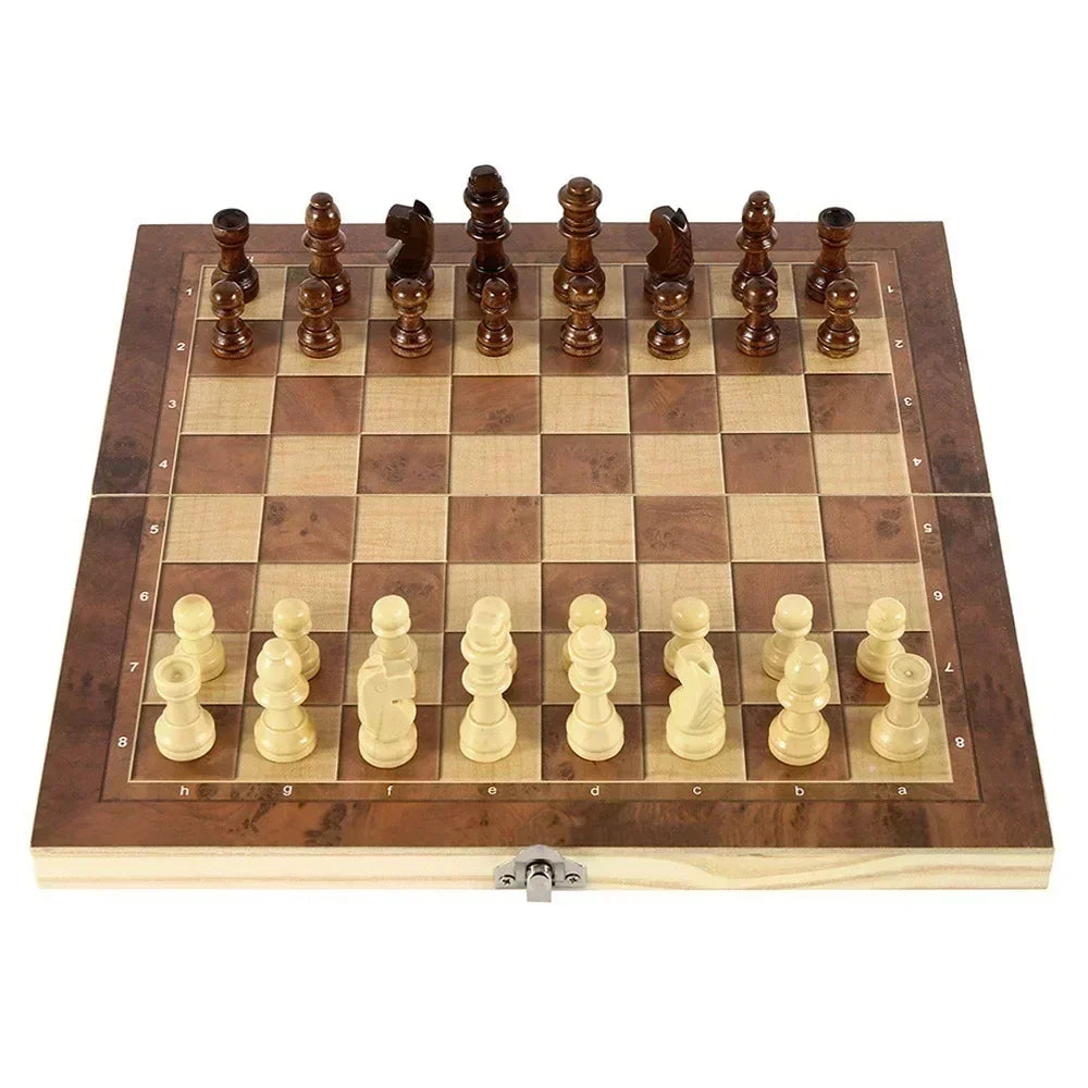 3-in-1 Holz-Spielbrett: Schach, Dame - Backgammon kompakt für unterwegs