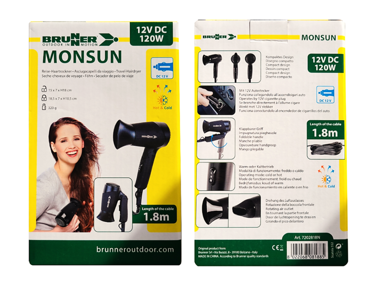 Haartrockner Monsun 12V Reise Fön mit Klappgriff und Zigarettenanzünder Stecker-Camping Pantheratec