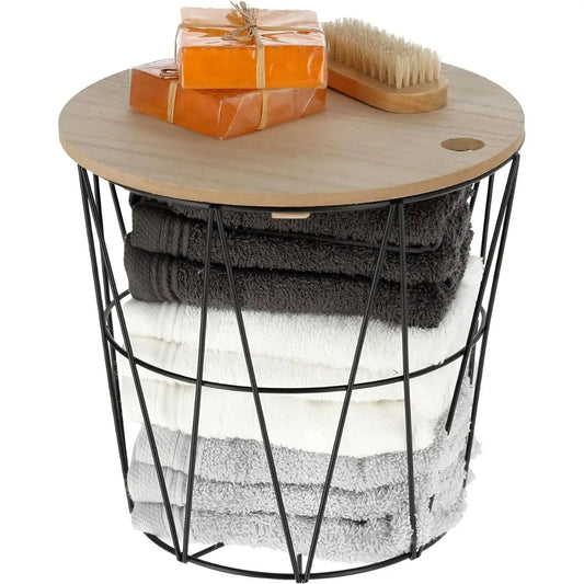 Kleiner Beistelltisch Aufbewahrungskorb mini Tisch Korb mit Deckel rund schwarz - Yabubest - Home & More