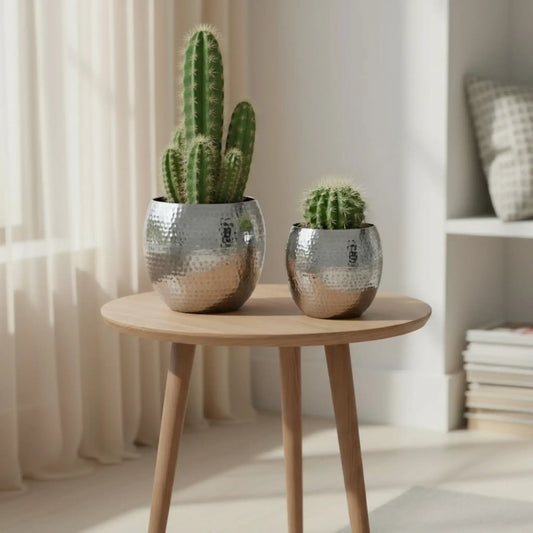 Übertopf Blumentopf Silber Pflanztopf Deko 2er Set glänzend rund Hammerschlag - Yabubest - Home & More