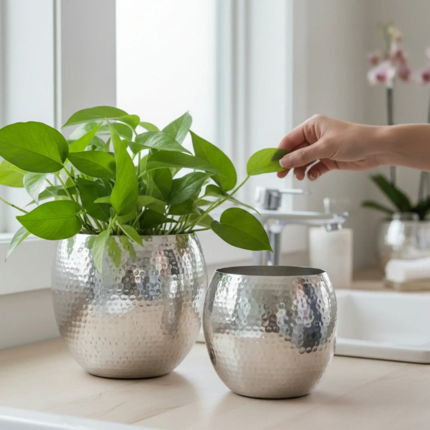 Übertopf Blumentopf Silber Pflanztopf Deko 2er Set glänzend rund Hammerschlag - Yabubest - Home & More