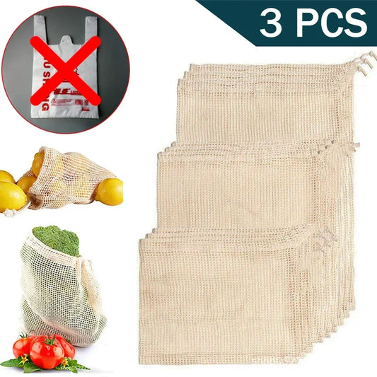 Drei Stuecke Wiederverwendbare Baumwolle Netzbeutel fuer Obst und Gemuese