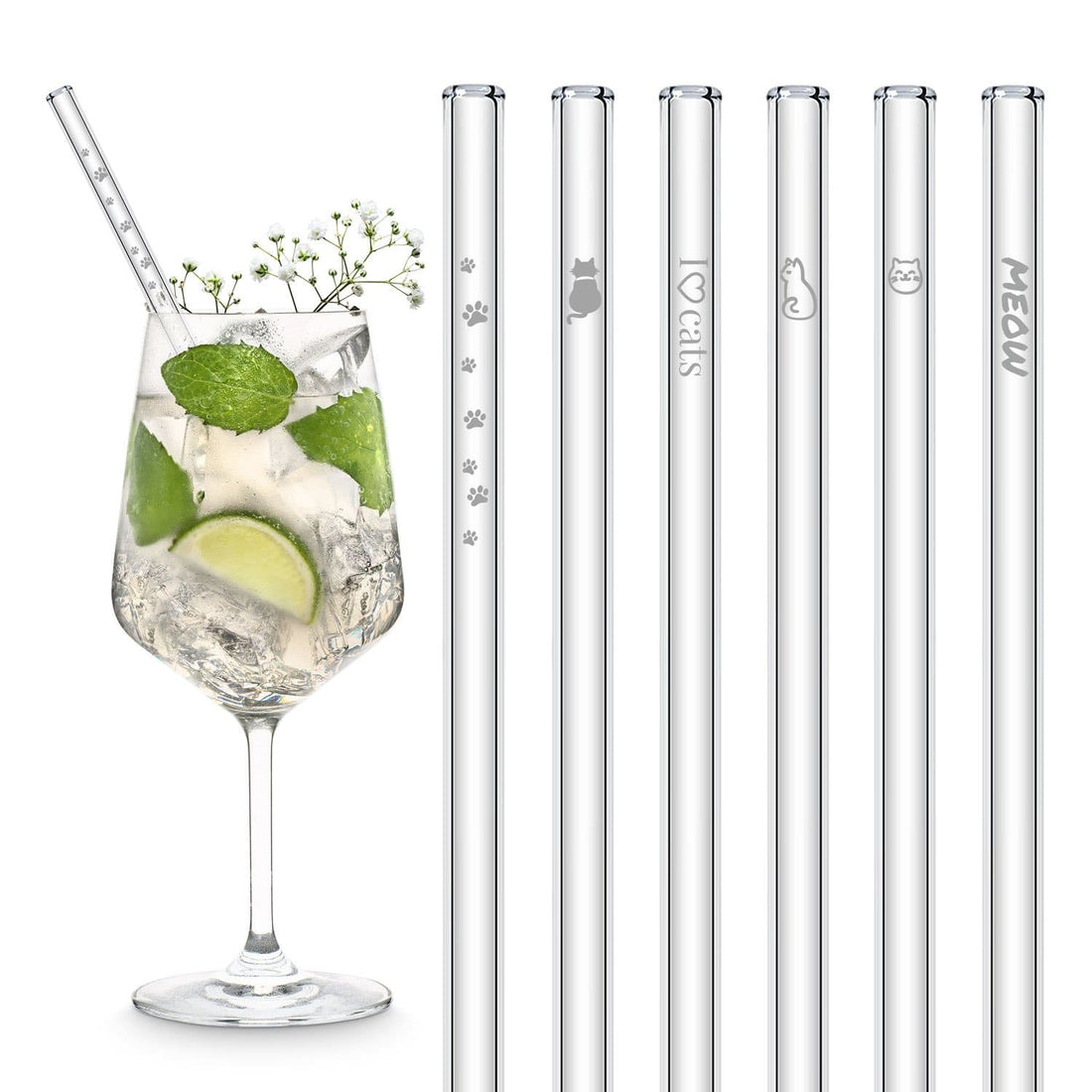 Elegante Glasstrohhalme mit Katzenmotiven für stilvolles Trinken