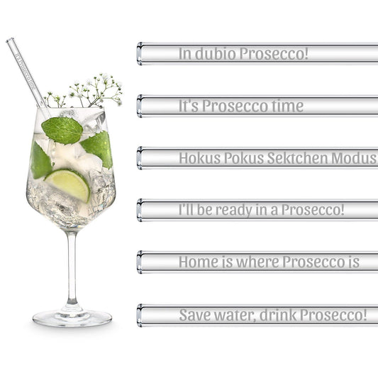 Prosecco Sprueche gravierte Glasstrohhalme perfektes Geschenk fuer Sektliebhaber