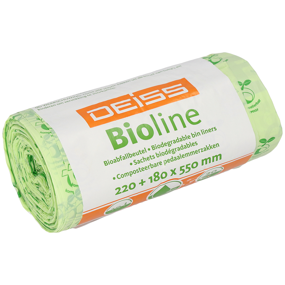 DEISS BIOLINE Müllbeutel, Biofolie, 10 L, Natur, 220+180x550x0,018 mm | Rolle (20 Stück)-Altruan
