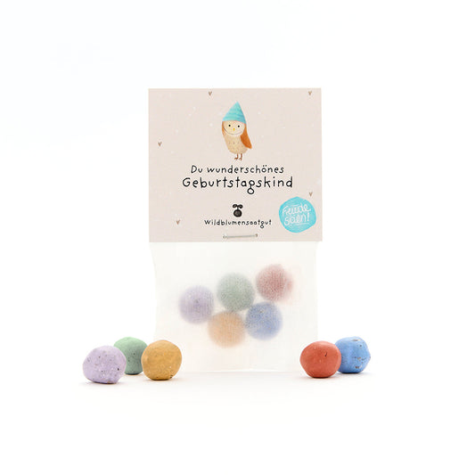 5 bunte Blumenmurmeln im Tütchen mit Geburtstagsgruß-Die Stadtgärtner