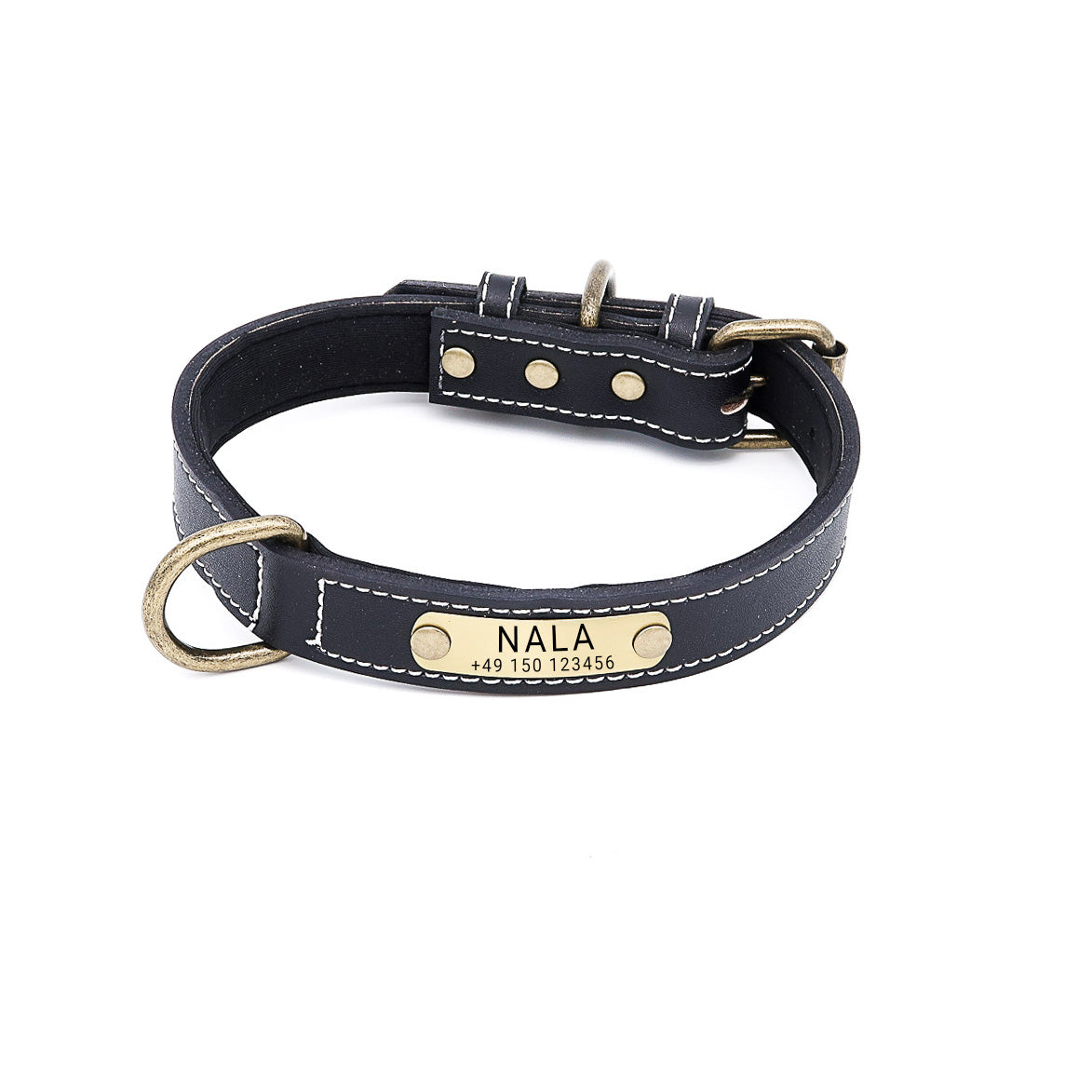 Personalisiertes Hundehalsband Leder mit Namensschild Messing