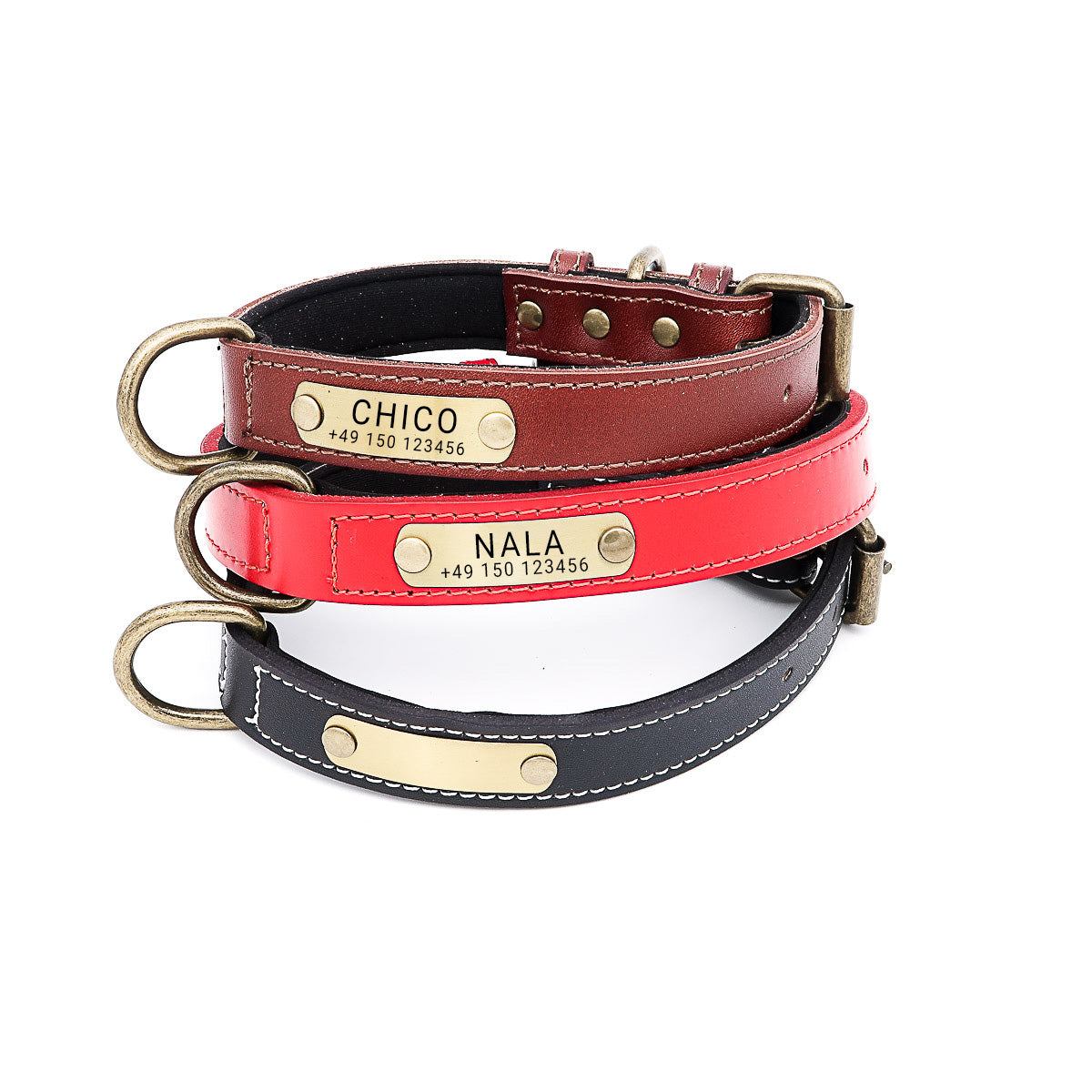 Personalisiertes Hundehalsband Leder mit Namensschild Messing