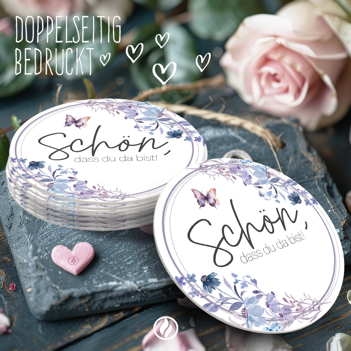 50 Bierdeckel Rund Floral Butterfly Fliederblau Schön dass du da bist