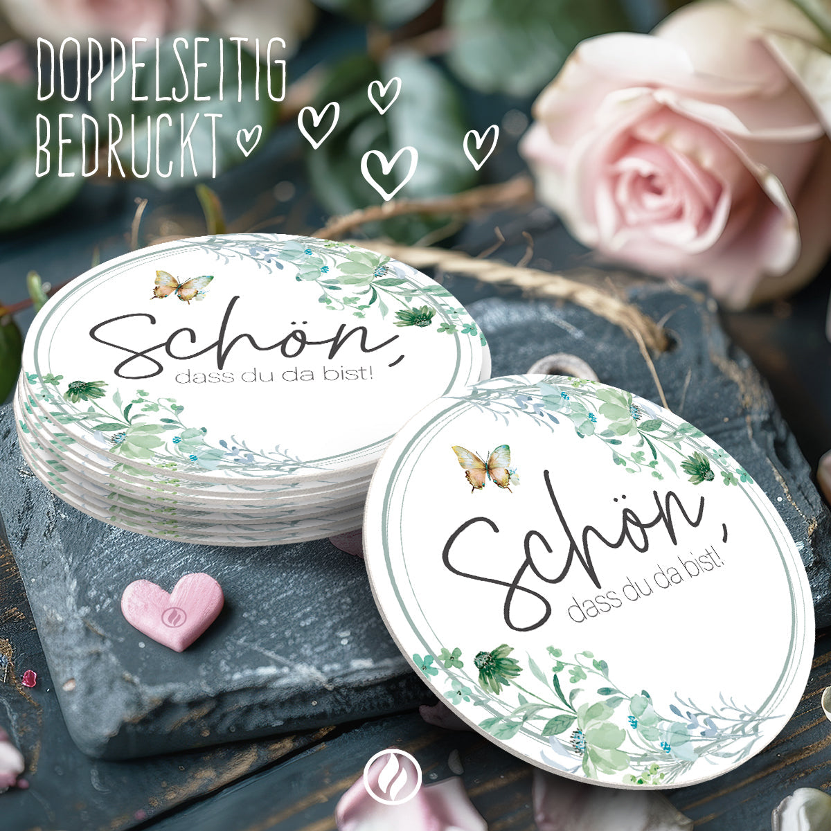 50 runde Bierdeckel Hochzeit Boho floral mit Willkommenstext