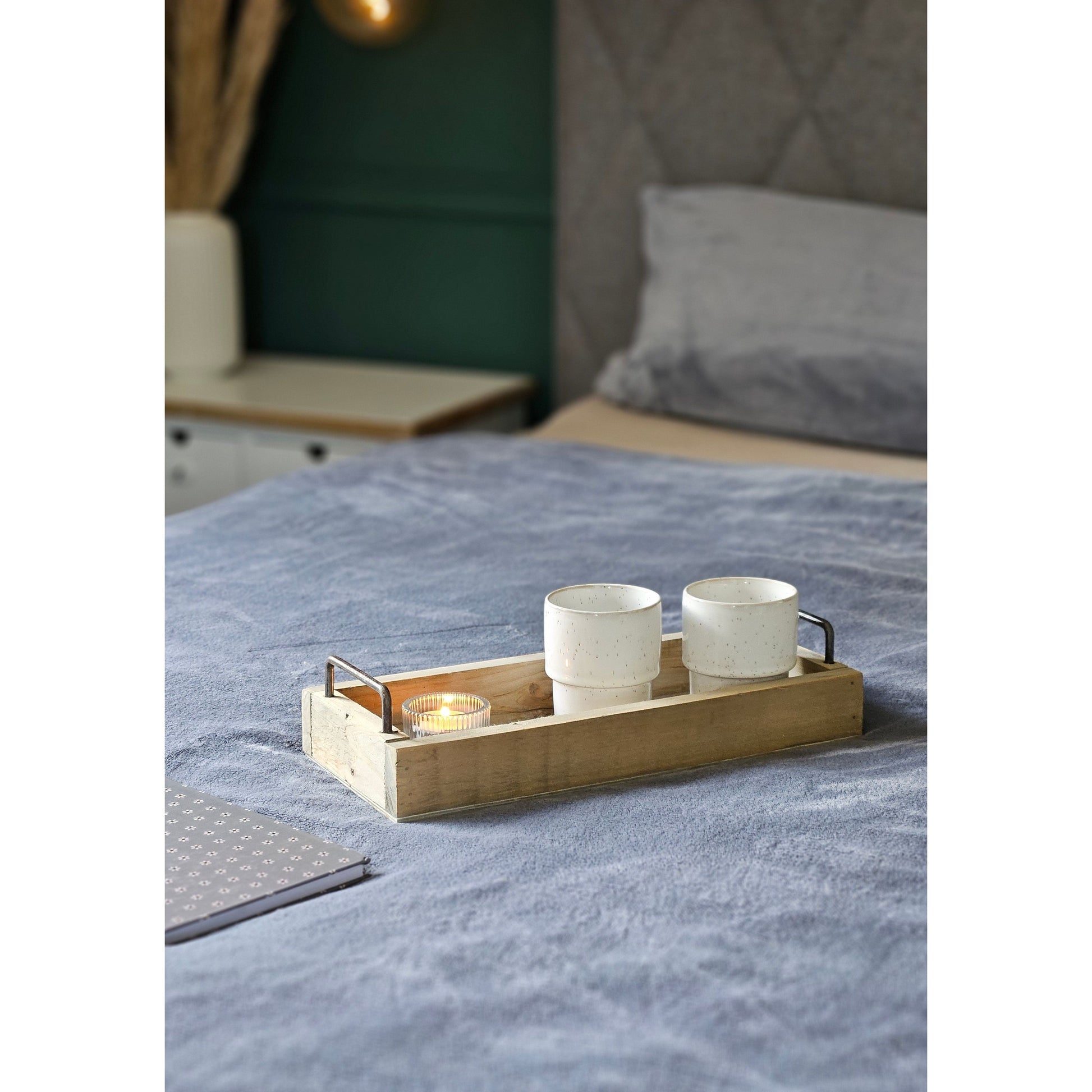 Dekotablett Serviertablett Holztablett braun 38 cm Holz Metallgriff dekorativ 2er Set