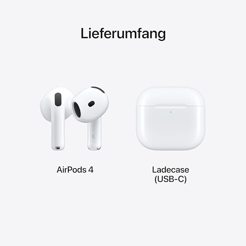 Apple AirPods 4 Kabellose Kopfhörer, Bluetooth Kopfhörer, Personalisiertes 3D Audio, Schutz vor Schweiß und Wasser, USB-C Ladecase, H2 Chip, bis zu 24 Std. Wiedergabe
