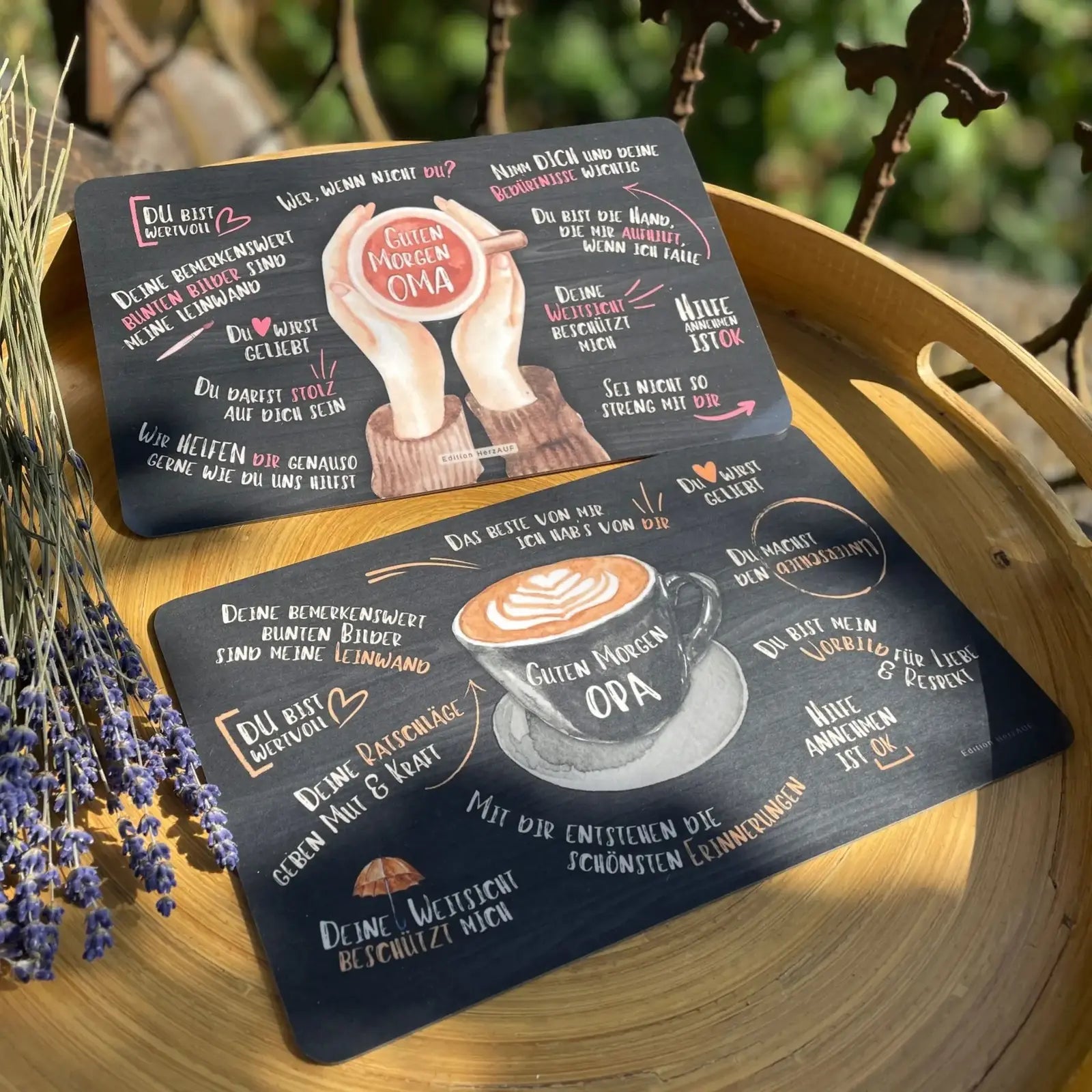 Geschenkset für Großeltern: Frühstücksbrettchen mit Halter-Edition HerzAUF