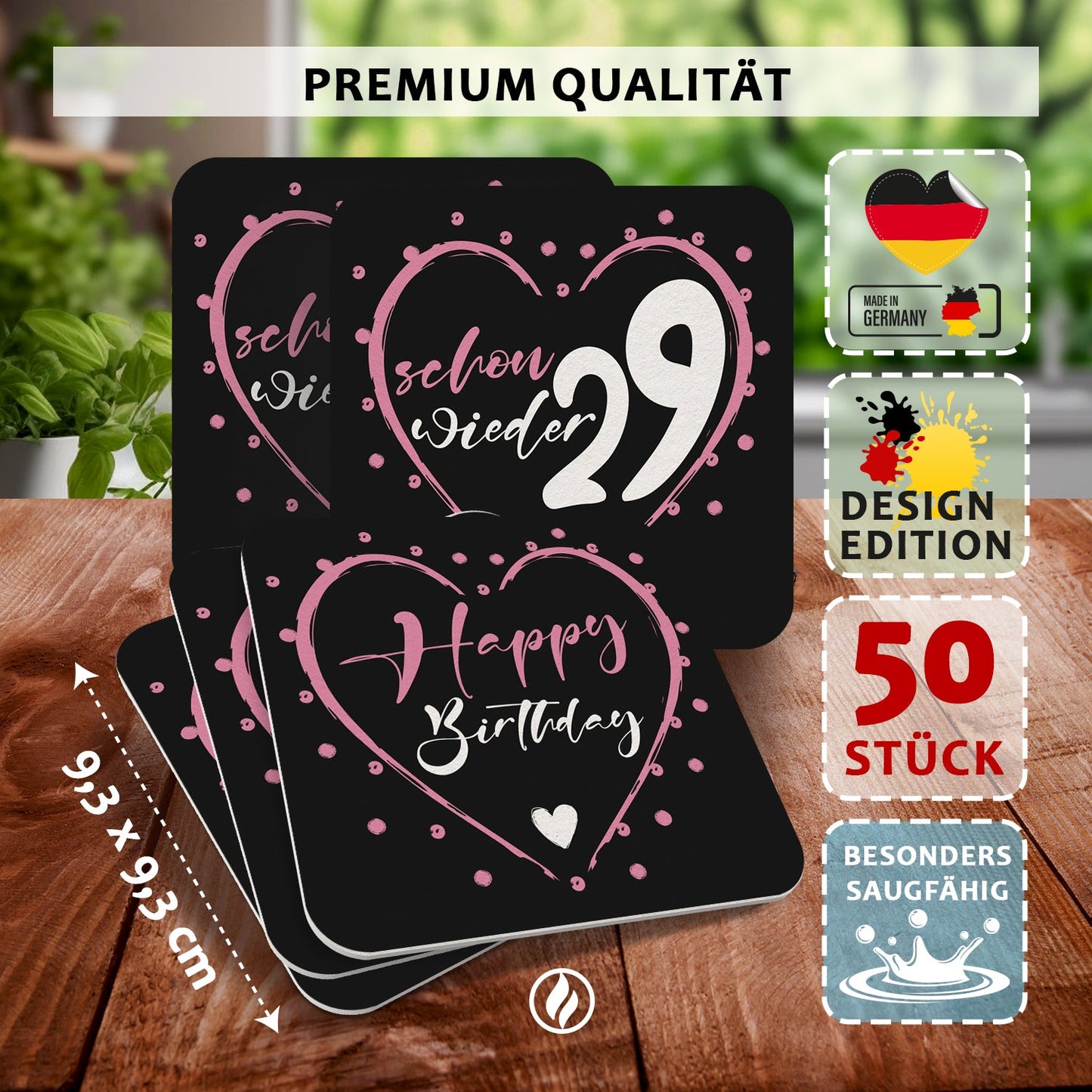 Set 50 lustige Bierdeckel Geburtstag schwarz pink