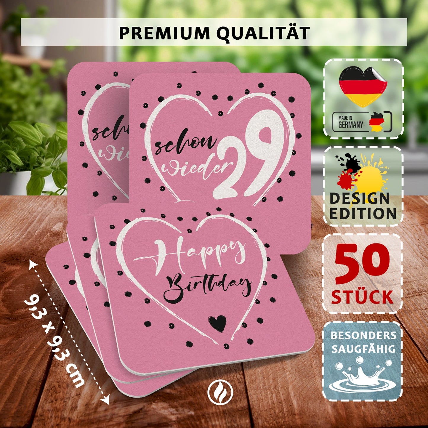 Set aus 50 Bierdeckeln mit Geburtstagsmotiv Schon wieder 29 Pink