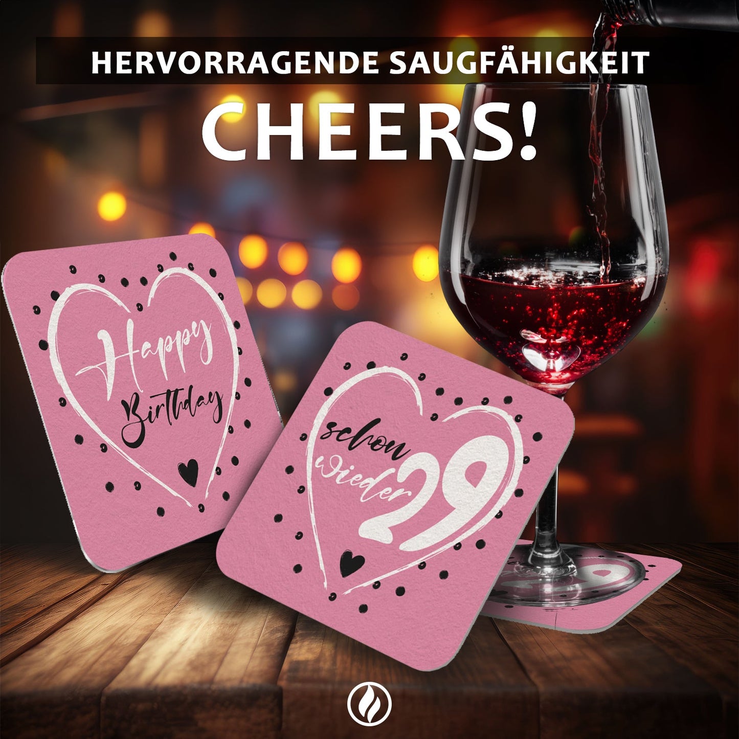 Set aus 50 Bierdeckeln mit Geburtstagsmotiv Schon wieder 29 Pink