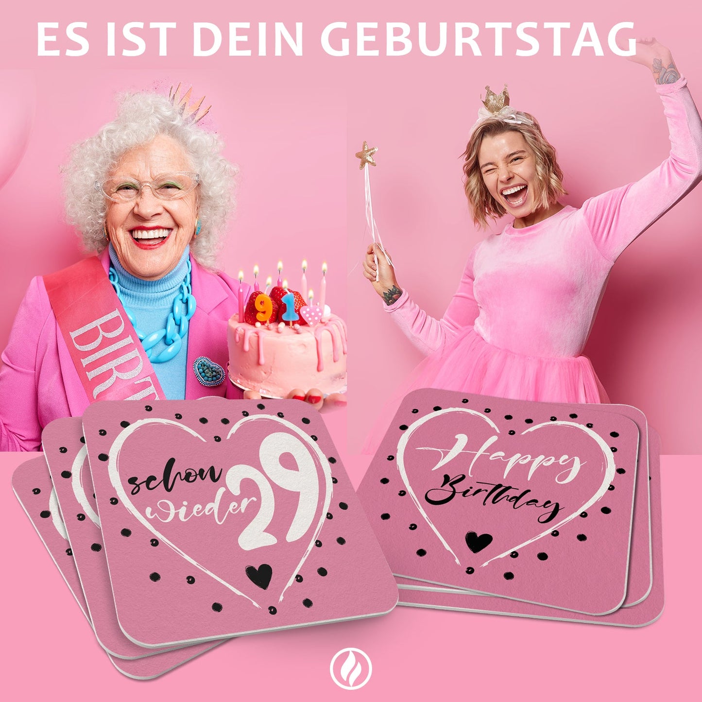 Set aus 50 Bierdeckeln mit Geburtstagsmotiv Schon wieder 29 Pink