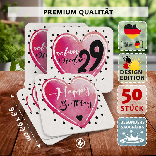 50 Premium Bierdeckel "Schon wieder 29" Weiß/Pink für Geburtstagsfeiern