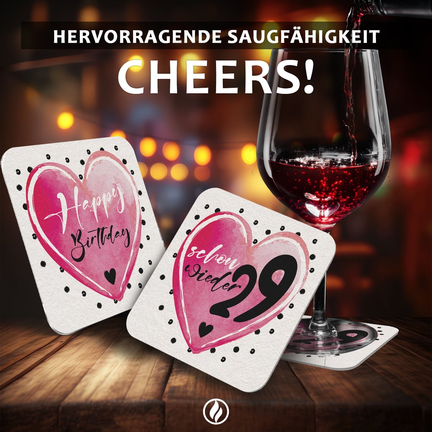 50 Premium Bierdeckel "Schon wieder 29" Weiß/Pink für Geburtstagsfeiern
