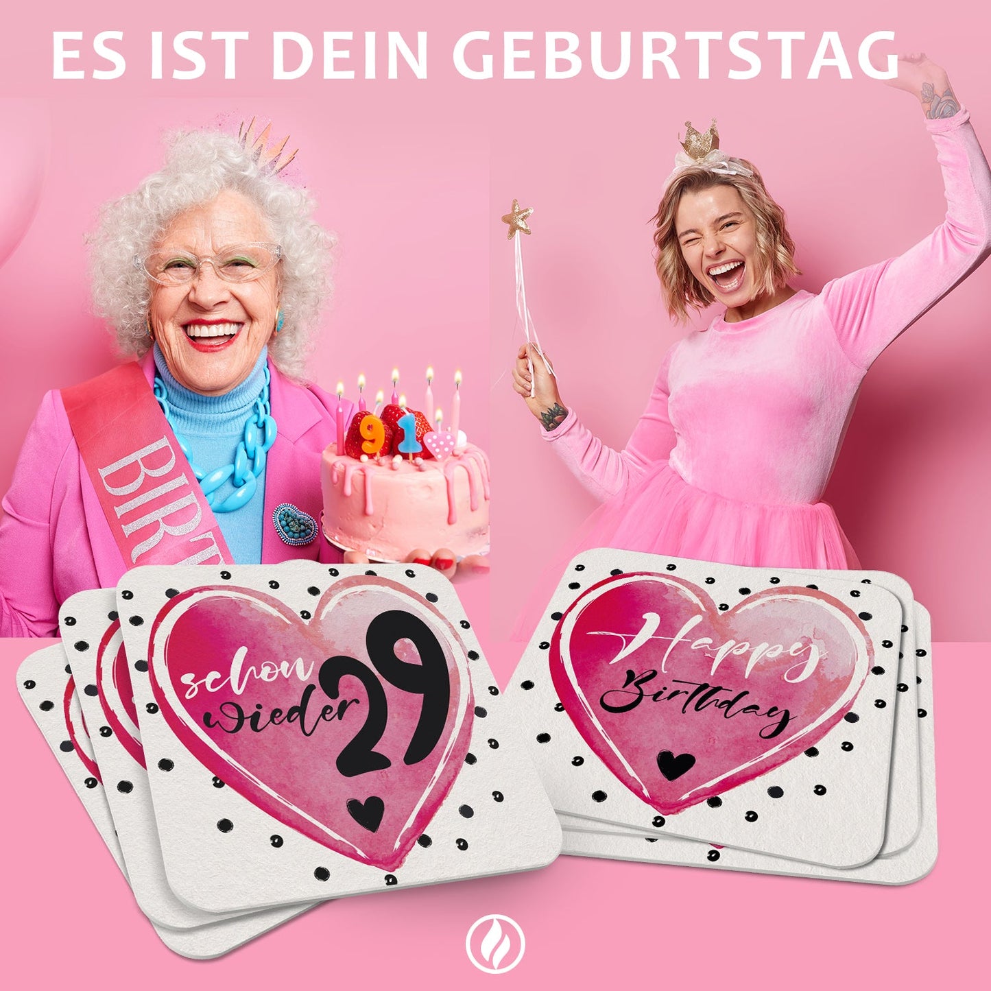 50 Premium Bierdeckel "Schon wieder 29" Weiß/Pink für Geburtstagsfeiern