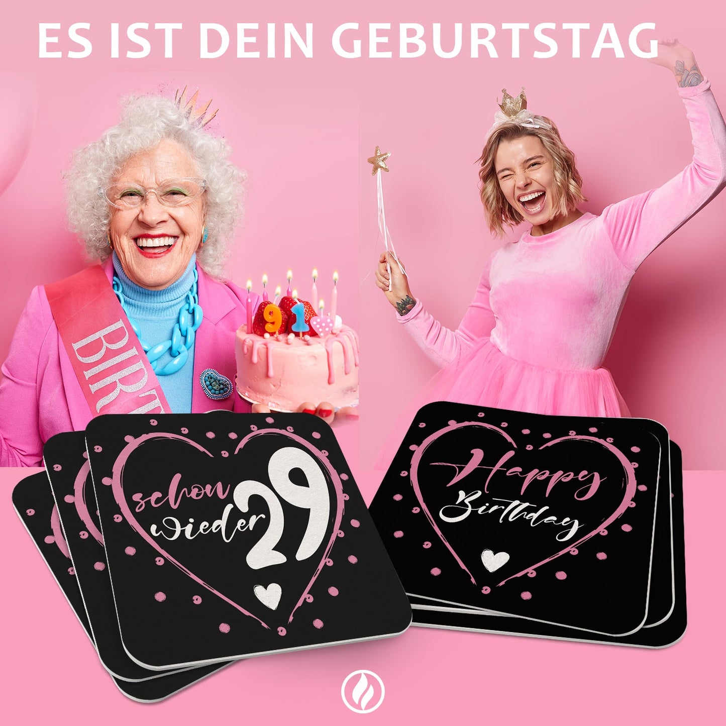 Set 50 lustige Bierdeckel Geburtstag schwarz pink