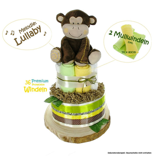 Große Windeltorte 2-stöckig mit Affen Spieluhr-dubistda
