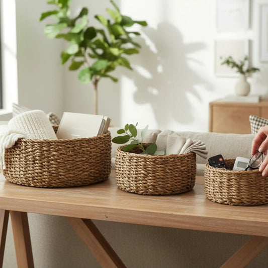 3 Körbe runder Korb Seegras Aufbewahrungskorb Dekokorb natur braun rund Körbche-Miamonda
