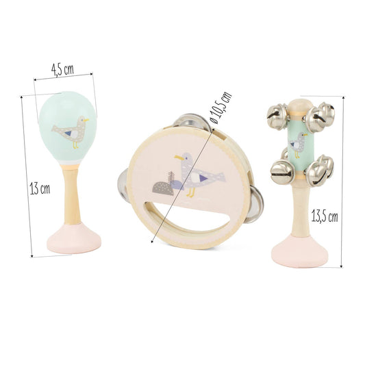 Holzmusikset mit Maraca Tamburin und Rassel für Kinder