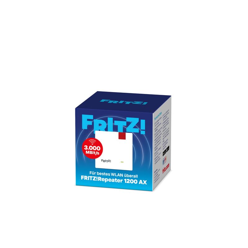 FRITZ!Repeater 1200 AX (Wi-Fi 6 Repeater mit Zwei Funkeinheiten: 5 GHz-Band (bis zu 2.400 MBit/s), 2,4 GHz-Band (bis zu 600 MBit/s), deutschsprachige Version)