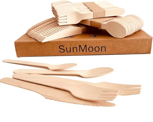 150 teiliges nachhaltiges Einwegbesteck Set aus Holz Löffel Gabel Messer-SunMoon