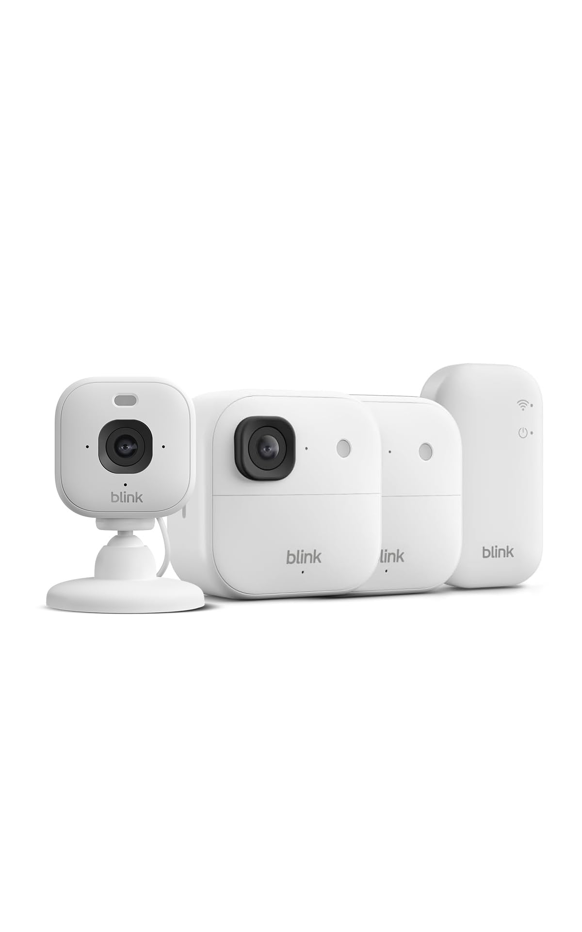 Blink Outdoor 2K+ Kameras mit Blink Mini 2K+ Innenkamera (neueste Generation), Weiß, inkl. Sync Module Core